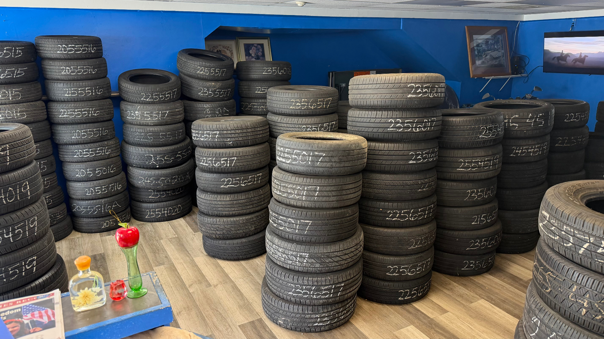 Thousands of new and used tires organized by size at J & B Tires 2